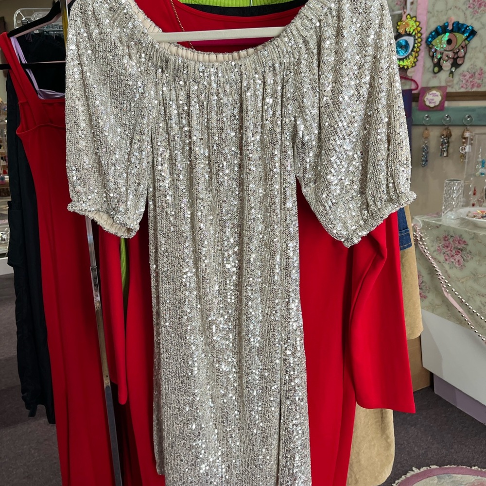 VENUS Golden Champagne Sequin Off-Shoulder Tunic Dress